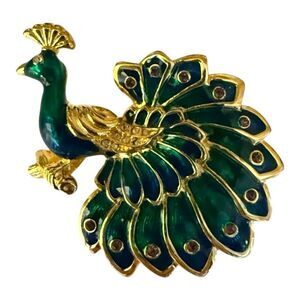 Swarovski Swan Signed  Gold Enamel Crystal Peacock Bird  Brooch Pin